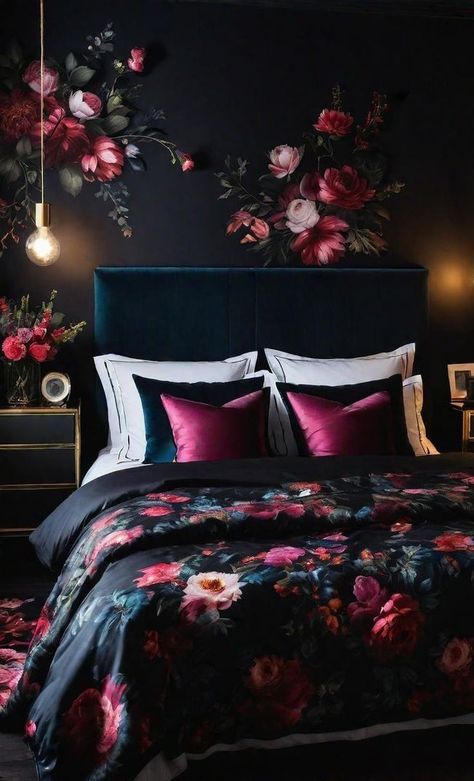 Moody Feminine Bedroom, Modern Romantic Bedroom, Girly Interior, Feminine Bedroom Ideas, Dark Romantic Bedroom, Dark Cottagecore House, Bedroom Girly, Dark Boho Bedroom, Dark Feminine Bedroom