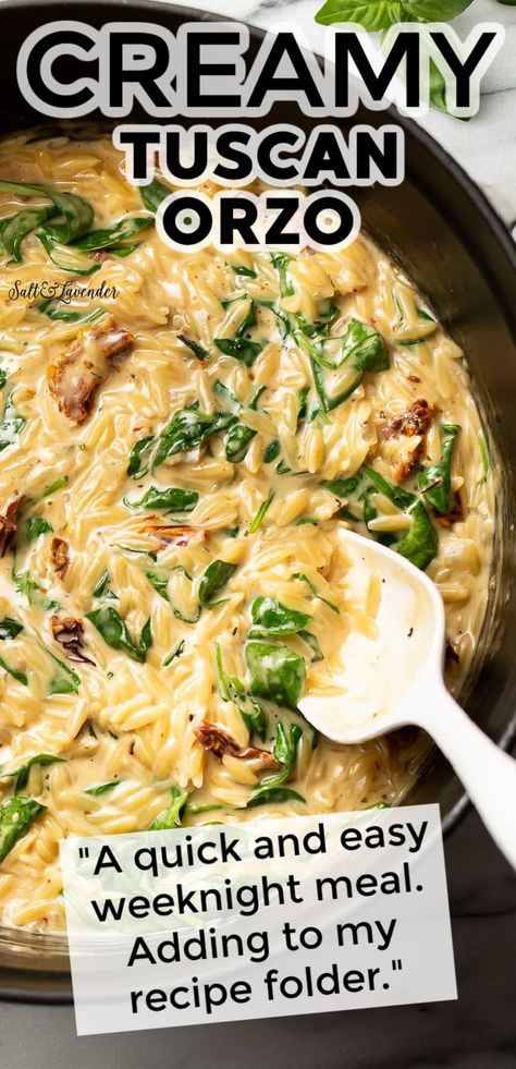 Creamy Garlic Orzo Pasta, Orzo Recipes Creamy, Creamy Spinach Orzo Recipes, Spinach And Sun Dried Tomato Recipes, Easy Creamy Orzo Recipes, One Pot Healthy Orzo, Creamy Sundried Tomato Orzo, Tuscan Orzo Pasta, Orzo Recipes With Spinach