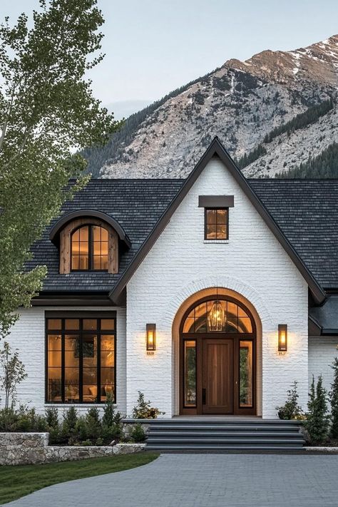 Stone Base House Exterior, Colorado Style Homes Exterior, Stick Style House, Cream House Exterior Black Trim, Farmhouse Black And White Exterior, Arches Exterior Home, Houses With Wood Accents Exterior, Wooden Home Exterior, Asymmetrical Roof Line