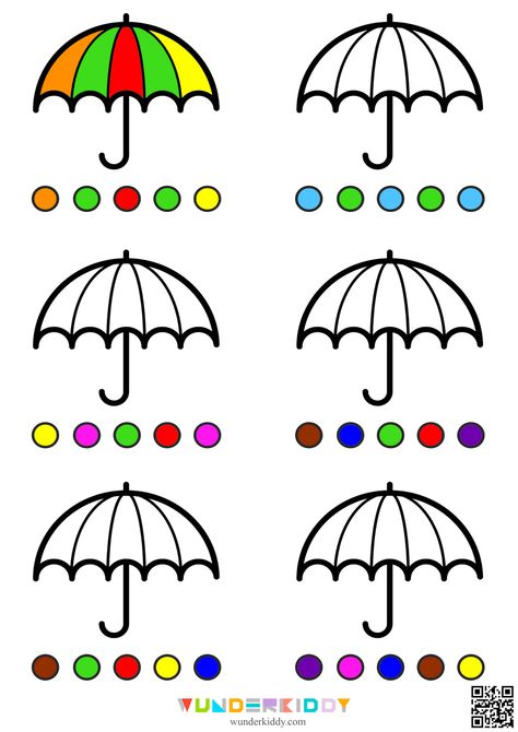 Coloring worksheets «Umbrella» for toddlers are meant to develop the most important preschool skills and abilities: hand-eye coordination, attention to details, logical thinking and graphomotor skills. The task is to color umbrellas according to the sample given below.  Print free coloring activity sheets and use them for preschool learning in kindergarten or at home. On each page you find 6 umbrellas contours and color sample under each contour. You can ask a child to color umbrellas in exact c Activity Sheets For Kindergarten Free Printable, Hand Eye Coordination Activities Preschoolers, Eye Hand Coordination Activities Preschool, Find And Color Free Printable, Logic Worksheets For Preschool, Attention Activity Worksheets, Eye Hand Coordination Worksheets, Color Worksheets For Toddlers, Color Activity For Kindergarten