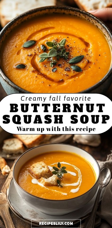 Warm up with a bowl of creamy butternut squash soup! Packed with rich flavors and perfect for cozy nights, this easy-to-make recipe is a fall favorite. Get ready to savor the blend of sweet and savory in every spoonful. Butternut Squash Soup Sweet, Fall Butternut Squash Soup, Thanksgiving Soup Appetizer, Sweet Butternut Squash Soup, Savory Butternut Squash Recipes, Butternut Squash Soup Recipes Easy, Butter Nut Squash Soup Recipes, Cozy Fall Soup Recipes, Butternut Soup Recipes