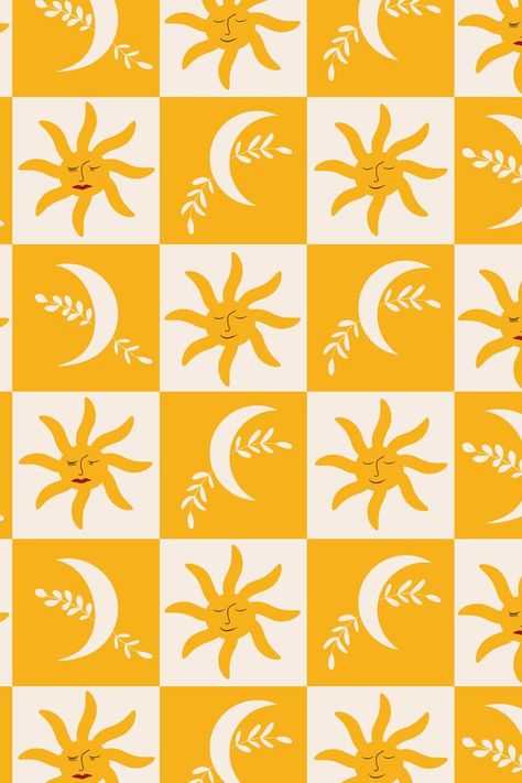 Checkered Orange Boho Sun and Moon Pattern Sun And Moon Pattern, Sun With Face, Boho Sun And Moon, Sun And Moon Design, Printable Wall Collage, Sun Pattern, Boho Moon, Boho Sun, Boho Wallpaper