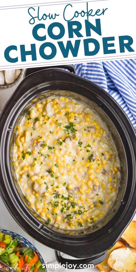 Crockpot Corn Chowder is a great slow cooker version of my popular Corn Chowder recipe. This easy soup is perfect comfort food. Crock Pot Street Corn, Chowder Recipes Crockpot, Corn Chowder Crockpot, Vegetarian Corn Chowder, Crockpot Corn, Slow Cooker Corn, Slow Cooker Corn Chowder, Easy Corn Chowder, Corn Chowder Soup