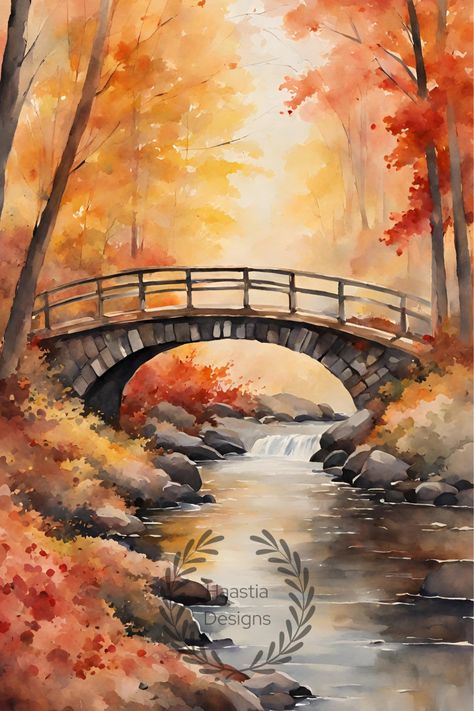 Step into the enchanting world of autumn with this breathtaking watercolor masterpiece. This captivating scene features a picturesque forest bridge, gracefully spanning a tranquil stream. What makes this artwork truly exceptional is the magnificent transformation of the surrounding trees, bathed in the fiery and vibrant colors of fall.In this watercolor painting, the forest bridge beckons you to cross into the heart of autumn's magic. Acrylic Paintings Autumn, Bridge Watercolor Painting, Bridge Landscape Painting, Fall Themed Watercolors, Watercolor Painting Fall, Autumn Forest Watercolor, Woodland Painting Ideas, Fall Forest Watercolor, Fall Painting Watercolor