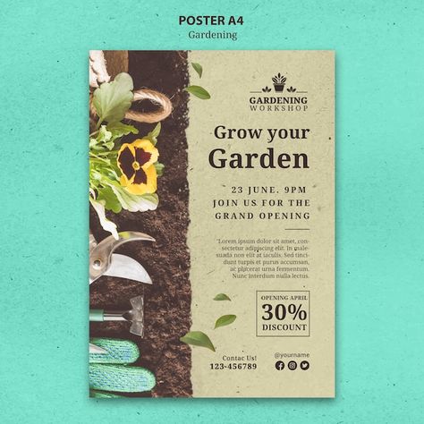 Free PSD gardening poster template desig... | Free Psd #Freepik #freepsd #garden-flyer #garden-poster #gardening #gardening-gardener Garden Flyer Design, Gardening Graphic Design, Pamplet Layout Design, Garden Graphic Design, Graphic Design Posters Ideas, Gardening Poster, Gardening Infographic, Workshop Poster, Gardening Magazine