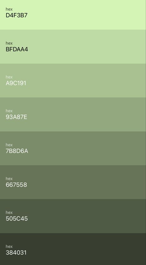 Sage Green Palate, Green Colour Palette Aesthetic, Green Color Codes For Bloxburg, Sage Green Tones Palette, Green Palate Color Palettes, Different Shades Of Green Aesthetic, Sage Green Code Color, Sage Green Shades Colour Palettes, Aesthetic Green Colour Palette