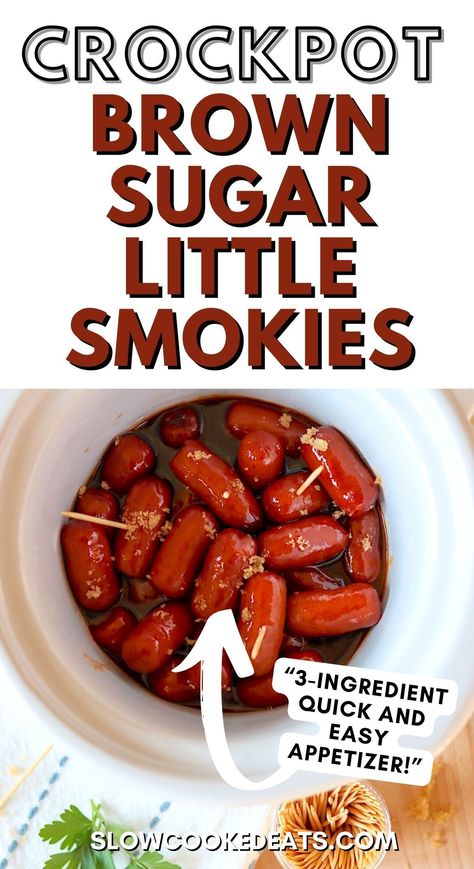 This well-loved brown sugar little smokies in crockpot recipe is the easiest party appetizer to make! Only 3 ingredients, under 3 minutes of prep time, and endless options for variations. Sweet, smoky, savory, and so delicious--perfect for the holidays or any get-together! Easy slow cooker party snacks. Brown Sugar Little Smokies, Smokies In Crockpot, Little Smokies Crockpot, Smokies Crockpot, Brown Sugar Smokies, Bbq Little Smokies, Crockpot Snacks, Little Smokies Recipes, Smokies Recipe