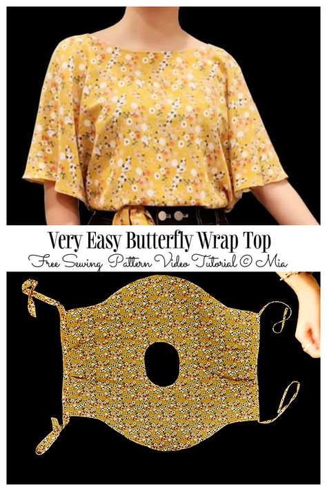 Super Easy One-Piece Wrap Top Free Sewing Patterns + Video | Fabric Art DIY Wrap Sewing Pattern Free, One Piece Wrap Blouse Diy, Wrap Around Top Pattern, One Size Fits All Sewing Patterns, Vintage Crochet Tops Free Pattern, Diy Women Clothes, Minimal Sewing Pattern, Easy Garments To Sew, Wrap Top Sewing Pattern Free