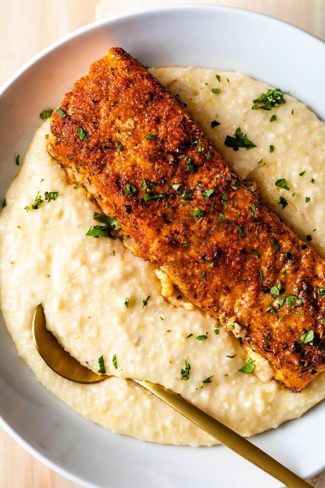 Creole & Cajun Recipes Archives - Cooks with Soul Salmon Grits, Baked Fish Dinner Ideas, Grits Dinner Recipe, Black Fish Recipe Dishes, Fish Breakfast Ideas, Salmon And Grits Recipes, Salmon And Grits Breakfast, Grits Meals, Salmon And Grits