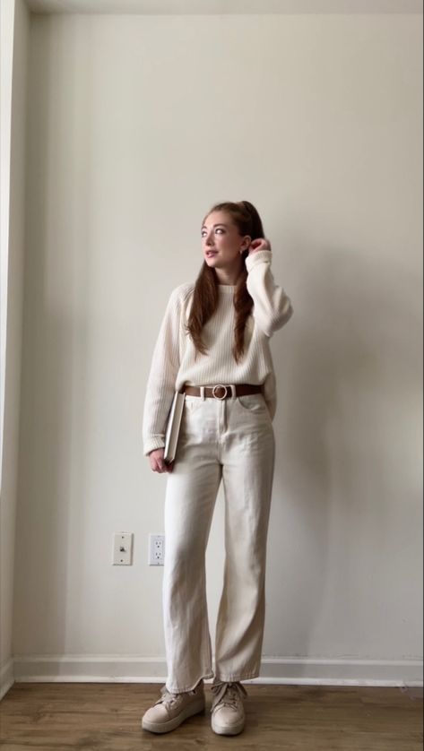 Neutral Casual Chic Fall Outfit Idea 🍂 I’m wearing cream colored jeans, a cream colored cashmere sweater, a brown belt, gold hoop earrings, & beige colored sneakers. Cream Jeans Outfit Winter, Cream Jeans Outfit, Beige Jeans Outfit, Cream Colored Jeans, White Jeans Outfit Winter, Beige Sweater Outfit, Cream Pants Outfit, Cream Sweater Outfit, Casual Chic Fall Outfits