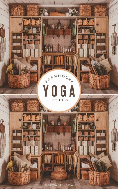 A farmhouse-inspired yoga studio with cozy and organized merchandise and gear storage. Yoga Equipment Storage, Yoga Ball Storage, Yoga Prop Storage, Props Storage, Gear Storage, Yoga Supplies, Ball Storage, Yoga Props, Equipment Storage