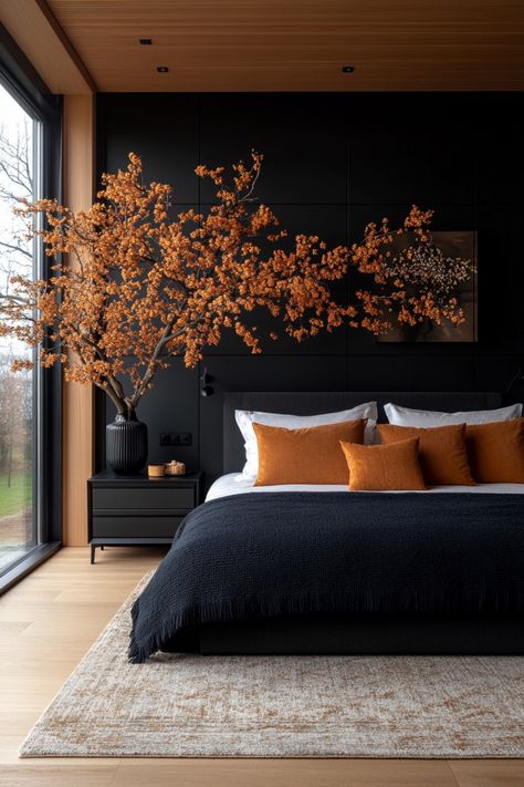 Get a stunning black bedroom with these decor tips and ideas showing you how to style the aesthetic. Black Bed Decor, Black Bedroom Wall Ideas, Black Bedding Aesthetic, Black Cozy Bedroom, Aesthetic Black Bedroom, Black Aesthetic House, Black Furniture Bedroom Aesthetic, Cozy Corner Bed, Black Room Decor Bedroom