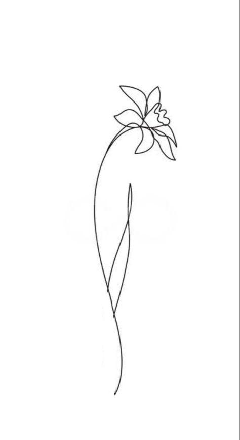 Daffodil One Line Drawing, Narcissus Line Drawing, Hummingbird Daffodil Tattoo, Simple Daffodil Tattoo Design, Daphodile Flower Tattoo, Simple Lily Tattoo Outline, Flame Flower Tattoo, Line Drawing Daffodil, Dainty Daffodil Tattoo Design