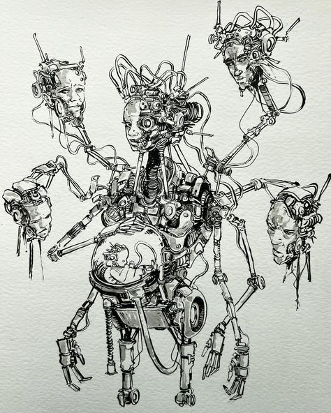 Sci Fi Drawing, Scifi Tattoo, Robot Anatomy, Biomechanical Art, Cyberpunk Drawing, Robot Design Sketch, Horror Drawing, Cyborgs Art, Arte Robot