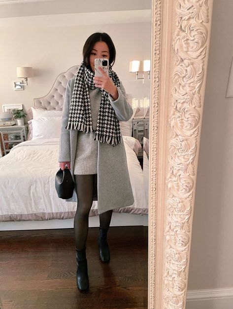 gray sweater dress + black tights winter outfit // petite zara coat Houndstooth Scarf Outfit, Sheer Tights Outfit Winter, Sweater Dress Ideas, Winter Outfits With Tights, How To Style Tights, Sweater Dress With Tights, Fleece Lined Tights, Grey Sweater Outfit, Lined Tights