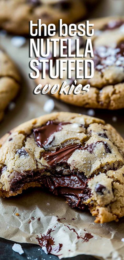 Nutella-Stuffed Chocolate Chip Cookies [30 Minutes] – Chasety American Chocolate Chip Cookies, Nutella Stuffed Cookies, Big Chocolate Chip Cookies, Nutella Cookies Recipe, Nutella Chocolate Chip Cookies, Big Cookies, Stuffed Cookies, Nutella Desserts, Nutella Cookies