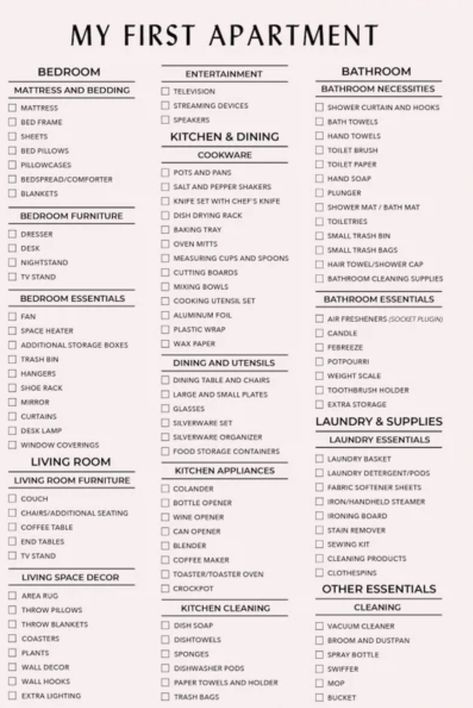 First House Essentials Checklist, Checklist For First Apartment, Moving In Apartment Checklist, Kitchen Apartment List, Move In Apartment Checklist, Needs For Apartment, Checklist For New Apartment, First House Shopping List, List Of Bathroom Essentials