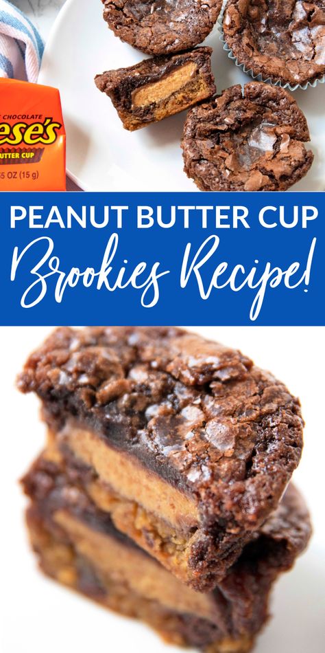 Peanut Butter Snickers, Resses Peanut Butter Cookies, Break And Bake Cookie Ideas, Dessert With Reeses Cups, Brownie Peanut Butter Cookies, Cookie Brownie Reeses Recipe, Deserts Recipes Fruity, Peanut Butter Brookies Recipe, Recess Brownie Recipes