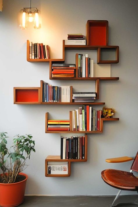 Diy Modern Bookshelf, Small Bookshelf On Wall, Unique Wall Shelves Creative, Unique Shelves Creative Bookshelves, Floating Bookshelf Ideas, Fun Bookshelves, Creative Book Shelf, Abstract Bookshelf, Artistic Bookshelf