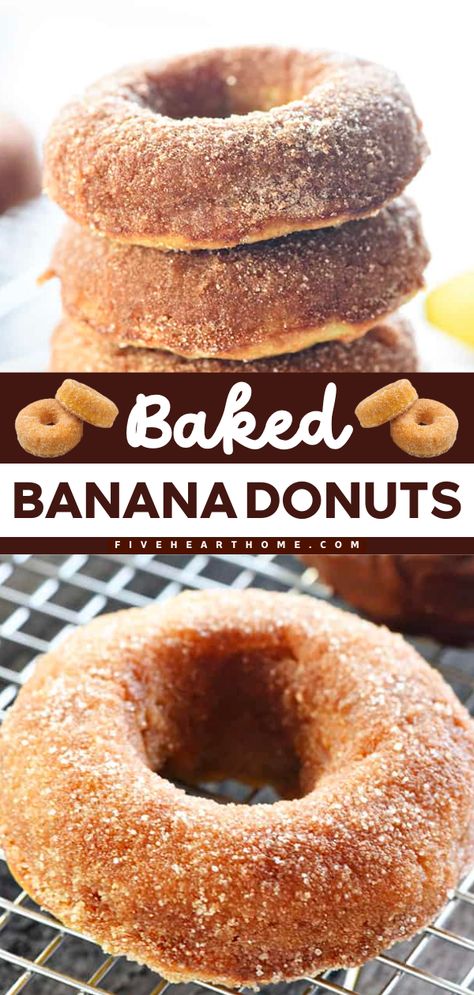 This Mother's Day brunch recipe is one of the things to make with overripe bananas! Your Easter Sunday breakfast also must have these baked donuts that are lighter than fried. Whether finished with chocolate glaze or cinnamon sugar, these baked banana donuts are delicious! Banana Doughnut Recipe, Banana Doughnuts Baked, Overripe Banana Recipes Easy, Banana Donuts Baked, Recipes Using Ripe Bananas, Over Ripe Banana Recipes, Overripe Banana Recipes, Easter Sunday Breakfast, Cake Donuts Baked