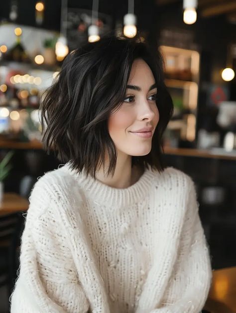 Layers Bangs Haircut, Textures Haircut Medium, Medium Bob Hairstyles For Thick Hair Layered Lob With Bangs, Shorter Womens Haircuts, Bobbed Hair With Fringe, Choppy Bob Hairstyles Brunette, Mid Length Bob Fine Hair, Short Neck Bob Hairstyles, Bob Haircuts For Women Brunette