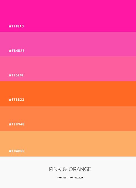 Pink and Orange Colour Scheme #Colour Palette 70 I Take You | Wedding Readings | Wedding Ideas | Wedding Dresses | Wedding Theme Pink And Orange Colour Scheme, Different Shades Of Pink Wedding Theme, Orange Pink Black Color Palette, Pink And Orange Retro Wedding, Pink And Orange Wedding Palette, Party Colour Themes Color Palettes, Pink Wedding Palette Colour Schemes, Orange Pink Color Scheme, Pink Orange Yellow Bachelorette