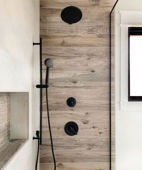 My current obsession... concrete and warm wood! I chose this combination of tiles for my son’s shower and it just might be my favorite… Wood Tile Shower, Rustic Bathroom Shower, Wood Tile Bathroom, Best Kitchen Design, Farmhouse Shower, Bad Inspiration, Hospital Interior Design, Master Bath Remodel, Bathroom Shower Tile