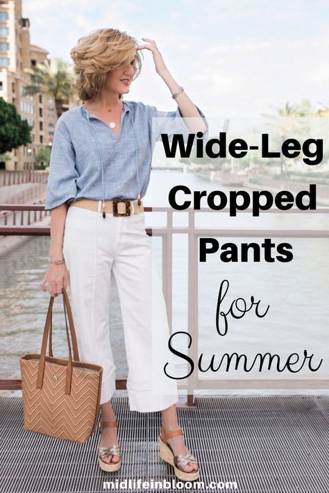 Pants For Summer, White Wide Leg Pants, Clothes For Women Over 50, White Crop Pants, Summer Outfits Women Over 40, Fashion For Women Over 40, Wide Leg Cropped Pants, Over 50 Womens Fashion, Classic Chic