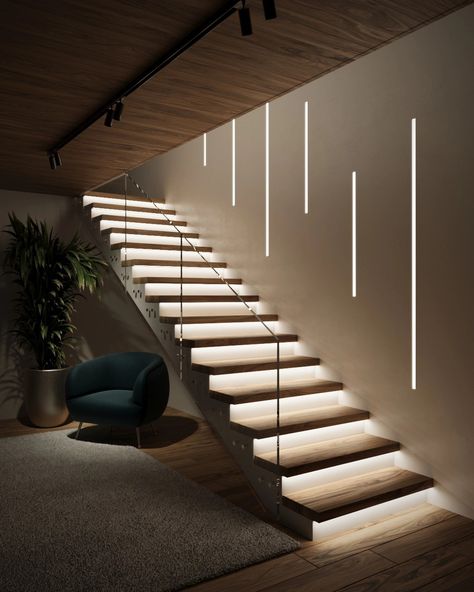 Staircase Lighting Ideas, Staircase Design Modern, Stairs Design Interior, House Staircase, Stairway Design, Stairs Design Modern, Floating Stairs, Home Stairs Design, Modern Stairs