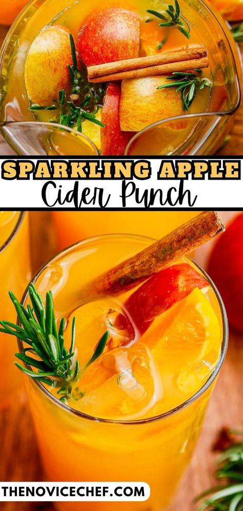 An autumn favorite, this sparkling Apple Cider Punch is full of fall flavors, and looks gorgeous for a party! Serve it as-is for the whole family, or add some alcohol to make a boozy version for the adults. Apple Beverage Recipes, Apple Cider Punch Spiked, Apple Cider Alcoholic Punch, Cold Fall Drinks, Fall Punches Alcoholic, Apple Punch Alcohol, Fall Party Drinks Nonalcoholic, Apple Punch Recipes Non Alcoholic, Warm Cider Recipes