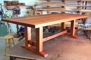 Mahogany Dining Table | Built to last, this mahogany dining table is a robust variation of the trestle table. Mahogany Dining Table, Mahogany Table, Woodworking Table, Log Furniture, Kitchen Tables, Trestle Table, Farmhouse Dining Table, Farmhouse Dining Room, Woodworking Furniture