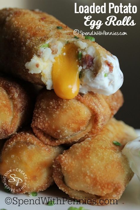 Loaded Mashed Potato Egg Rolls | 25 Delicious Bite-Size Treats Made With Wonton And Egg Roll Wrappers Potato Egg Rolls, Telur Gulung, Crispy Egg, Leftover Potatoes, Loaded Mashed Potatoes, Spend With Pennies, Egg Roll Recipes, Leftover Mashed Potatoes, Roll Recipes