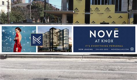 Outdoor advertisement design by RocketBrand, a full-service creative advertising agency in Dallas, for our client Nove at Knox. Click the link to see more of our branding, advertising, and web design work for Nove at Knox. #branding #advertising #outdooradvertising #outdoorad #advertisement #outdooradvertisement #rocketbrand #signage #signagedesign #design Property Advertising Design, Hoarding Design Advertising, Signage Design Outdoor Creative, Hoarding Design Creative, Outdoor Advertising Design, Construction Fence, Hoarding Design, Apartment Marketing, Property Branding