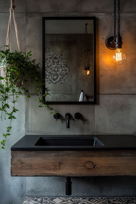 Explore modern bathroom ideas with this chic industrial sink design. The rustic wood combined with sleek black fixtures creates a stylish and functional space. Perfect for adding a unique touch to your home. #ModernBathroomIdeas #InteriorDesign #HomeDecor Industrial Sink Ideas, Industrial Restaurant Bathroom, Industrial Office Bathroom, Industrial Chic Bathroom, Industrial Bathroom Sink, Industrial Sink Bathroom, Rustic Bathroom Sink, Industrial Sink, Bathroom Industrial Chic