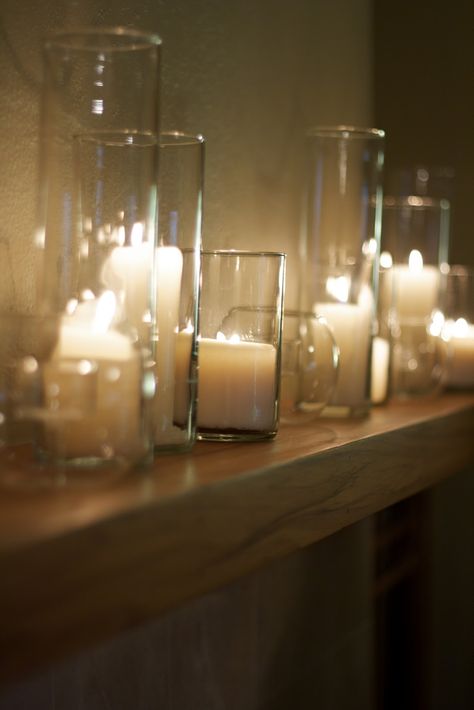 CANDELS CANDELS CANDELS GALORE!!!!!!! 8D muahahahahaha (crazy obsession laugh) Candles In Cylinder Vases, Recycled Candle Jars, Recycle Candles, Mercury Glass Candles, Glass Candles, Candles In Fireplace, Ideas Hogar, Candle Displays, Thanksgiving Table Decorations