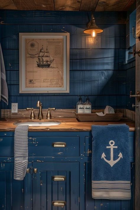 Modern Nautical Bathroom, Contemporary Coastal Bathroom, Rustic Wood Vanity, Nautical House Decor, Coastal Bathroom Ideas, Fisherman's Cottage, Nautical Symbols, Nautical Cottage, Nautical Interior