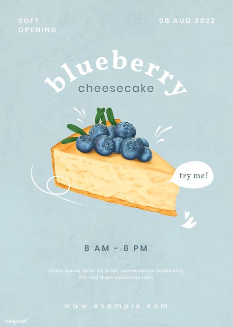 Blueberry cheesecake poster template illustration | premium image by rawpixel.com / Aew Cute Advertisement Poster, Poster Branding Design, Poster Menu Design, Bakery Poster Design Ideas, Cake Poster Advertising, Bakery Advertising Posters, Cake Advertising Design, New Menu Poster, Advertisement Poster Ideas