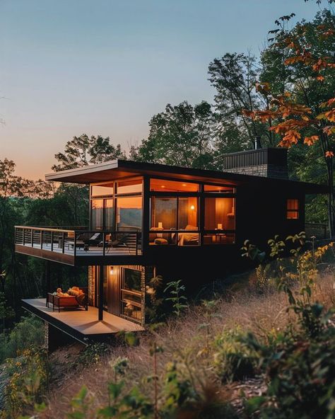 Modern House With Large Windows, Modern Cabin Exterior Architecture, Small Cabin On Hillside, Cabin Modern House, Modern Cabin In The Woods, Design With Nature, Small Modern Cabin, Cabana Design, Wraparound Deck