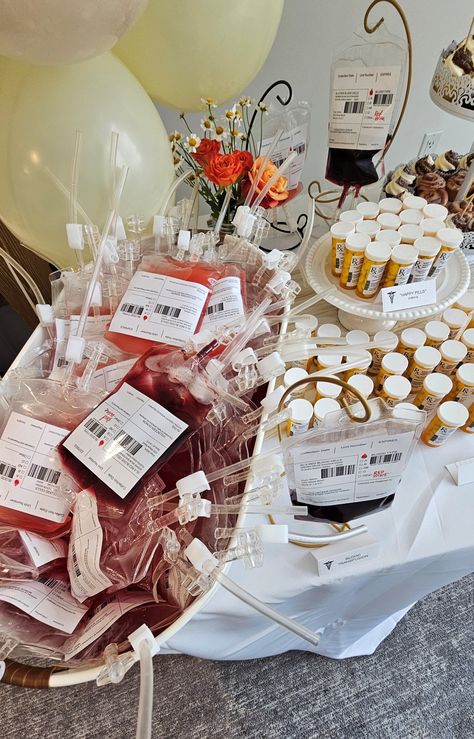 Medical Assistant Party Ideas Graduation, Nursing Graduation Dessert Table, Healthcare Themed Party, Anesthesia Graduation Party, Nursing Party Centerpieces, Fnp Graduation Party Ideas, Graduation Party Nursing, Nurse Grad Party Food, Nurse Graduation Ideas