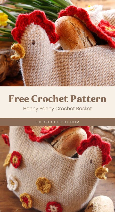 Cute Crochet Basket Pattern Free, Hanging Flower Crochet Pattern Free, Crochet Chicken Bag Pattern Free, Crochet Chicken Hot Pad, Crochet Vegetable Basket, Free Crochet Pattern Home Decor, House Crochet Ideas, Free Crochet Patterns Basket, Crochet Animal Baskets Free Patterns