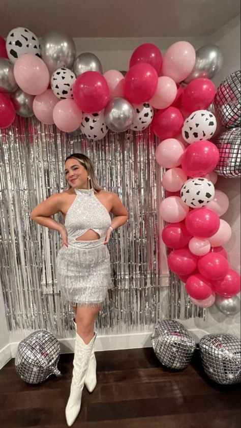 Balloon Arch Party Decor, Hot Pink Photo Backdrop, Silver And Hot Pink Birthday Decorations, Disco Cowgirl Balloon Arch, Disco Cowgirl Backdrop, Hot Pink Cowgirl Birthday Party, Disco Cowgirl Party Decorations, Cowgirl Balloon Arch, Balloon Arch Photo Backdrop