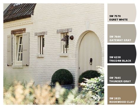 White Brick House, Exterior Facelift, Beachy Farmhouse, Egret White, Painted Brick House, Exterior Window, Shoji White, Black Shutters, Exterior House Paint Color Combinations