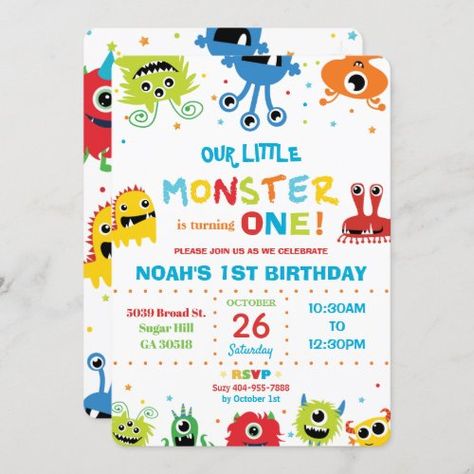 $3.09 | Vibrant Cute Little Monsters Boy 1st Birthday #1st birthday party invite, vibrant colorful, primary colors, red blue yellow green orange, monster bash, first birthday, boy birthday party, monster invite, cute little monsters, our little monster turning one Monster First Birthday, Monster Invitations, Orange Monster, Little Monster Birthday, Monster 1st Birthdays, Party Monster, Happy Monster, Monster Boy, Monster Birthday Parties