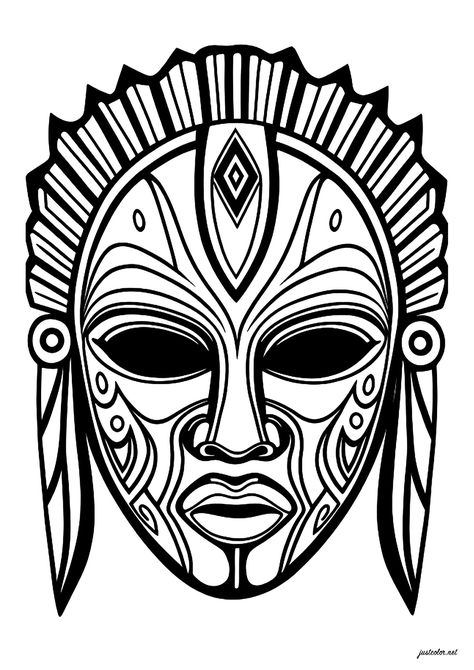 Imaginary mask, inspired by African masks - JustColor.net : Free adult printable coloring pages African Masks Drawing, African Mask Tattoo Design, African Mask Design, African Masks Art Drawings, African Masks Art Project, African Mask Tattoo, African Coloring Pages, African Mask Drawing, African Mask Painting