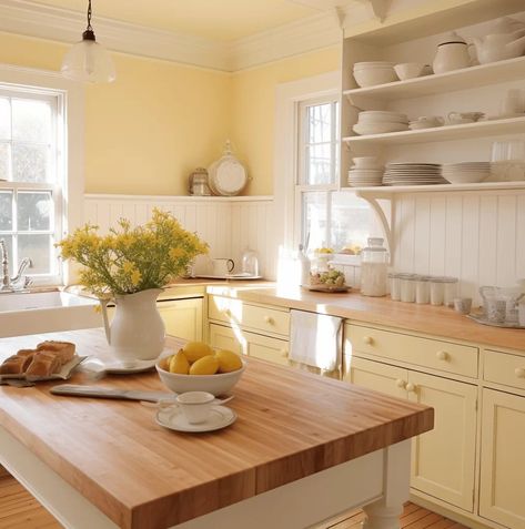 Pale Yellow Kitchens, Yellow Country Kitchens, Cheerful Bedroom, Yellow Kitchen Walls, Yellow Kitchen Designs, Yellow Kitchen Cabinets, Kitchen Colour Schemes, Yellow Home Decor, Yellow Decor