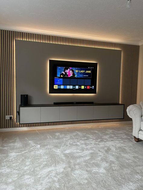 Media Wall & Cinema Forum & Fires | Simple but effective. | Facebook Hall Tv Unit Design Simple, Tv Lobby Designs, Tv With Wall Paneling, Designs For Tv Walls, Media Wall Simple, Flat Media Wall, Latest Room Interior Design, Media Wall No Fire, Simple Media Wall Ideas