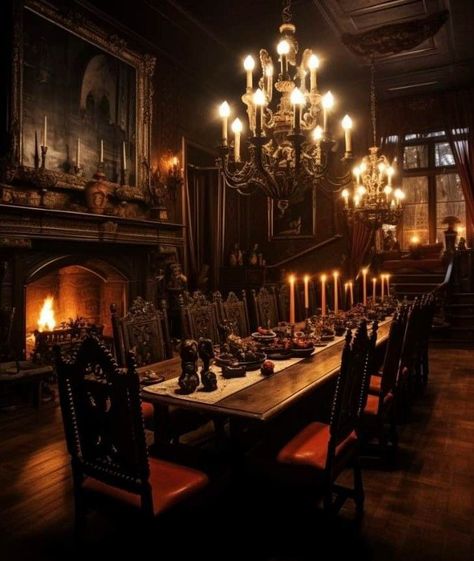 Spooky Manor Aesthetic, Gothic Ball Aesthetic, Goth Victorian Interior, Vampire Manor Aesthetic, Gothic Mansion Halloween Decor, Spooky Mansion Interior, Mansion On Fire, Vampire Mansion Aesthetic, Vampire Dining Room