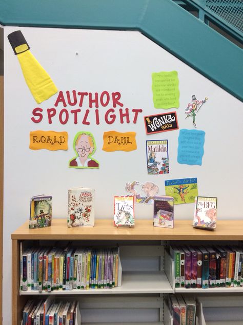 Author spotlight library display made by @lacemeier School Library Classroom Management, Author Spotlight Bulletin Board, Author Of The Month Bulletin Board, Author Spotlight Display, Author Of The Month Display, Ya Library Displays, Library Back To School Displays, Library Displays School, Library Room Ideas School