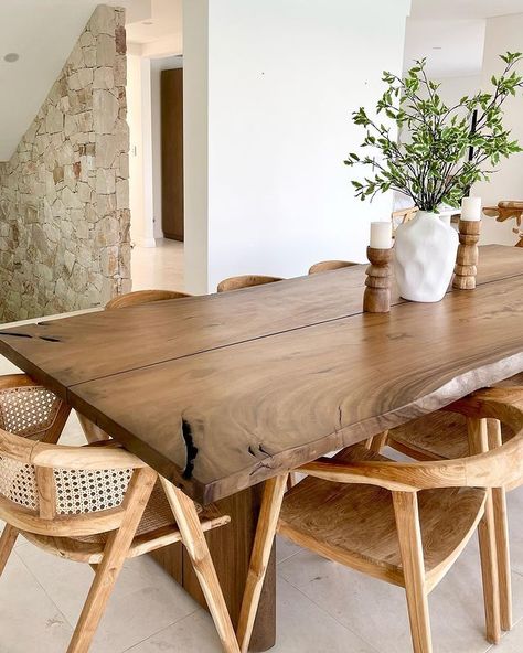 Natural Minimalist Dining Room, Material Dining Chairs, All Wood Dining Table, Rustic Wood Kitchen Table, Wooden Table Chairs, Natural Wood Dinner Table, Tulum Inspired Dining Room, Rustic Oak Table, Different Chairs Dining Table