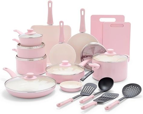 Amazon.com: GreenLife Sandstone Healthy Ceramic Nonstick, 15 Piece Kitchen Cookware Pots and Frying Sauce Pans Set, PFAS- Free, Dishwasher Safe, Pink: Home & Kitchen Ceramic Nonstick Cookware, Kitchen Cookware Sets, Nonstick Cookware Sets, Pots And Pans Sets, Cooking Set, Nonstick Cookware, Pink Ceramic, Pink Kitchen, Cookware Sets